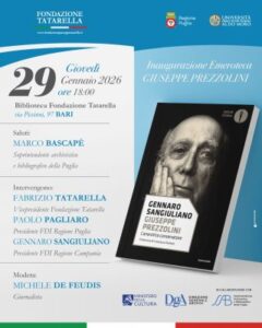 Locandina dell'evento di inaugurazione dell'Emeroteca Giuseppe Prezzolini a Bari, con Gennaro Sangiuliano e la Fondazione Tatarella.