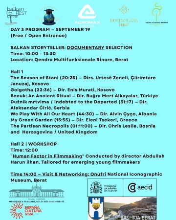 An event schedule titled “DAY 3 PROGRAM – SEPTEMBER 19” for “balkan FEST cine” with multiple sponsor logos at the top and bottom.